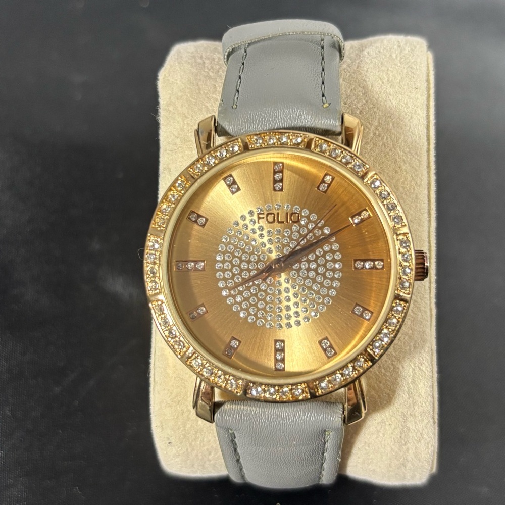 Foto rose gold watch & gray w/rhinestones big face easy to read 40 mm w/battery